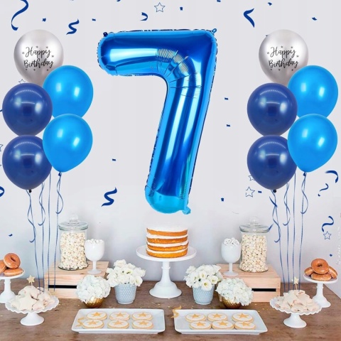 Balony urodzinowe 7 lat niebieskie srebrne zestaw 11 sztuk dekoracje
