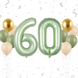 Balony urodzinowe cyfra 60 zielone złote 12 sztuk dekoracje rocznica