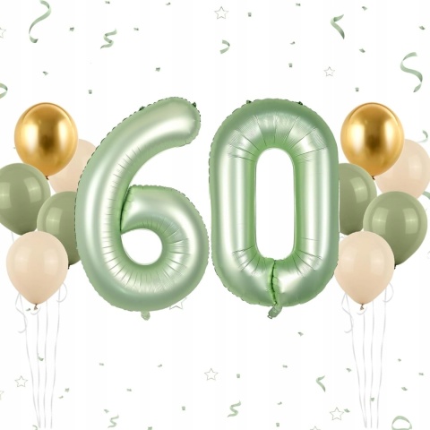Balony urodzinowe cyfra 60 zielone złote 12 sztuk dekoracje rocznica