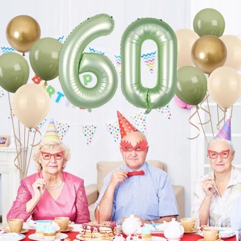Balony urodzinowe cyfra 60 zielone złote 12 sztuk dekoracje rocznica