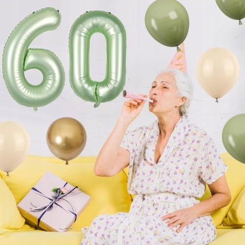 Balony urodzinowe cyfra 60 zielone złote 12 sztuk dekoracje rocznica