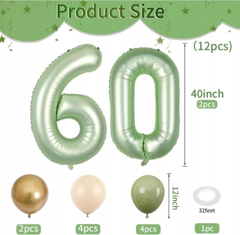 Balony urodzinowe cyfra 60 zielone złote 12 sztuk dekoracje rocznica