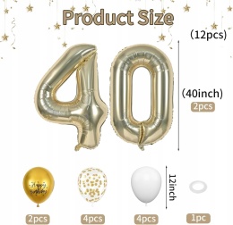 Balony urodzinowe na 40 urodziny lateksowe 100cm zestaw 12szt kolor Złoty