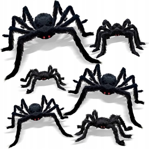 Dekoracja na Halloween Zestaw Dużych Pająków 6szt Włochate Pająki 30-125cm