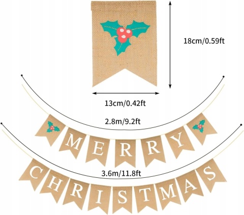 Girlanda świąteczna baner z materiału jutowego Merry Christmas 6m