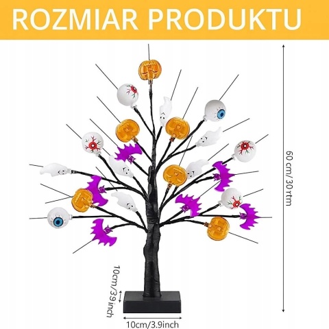 Lampki Halloween Drzewko LED 24x LED USB/Bateria Dekoracja Wnętrz