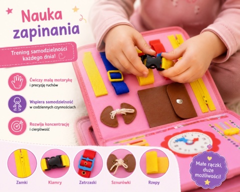 Zestaw Busy Board tablica manipulacyjna edukacyjna dla dzieci niemiecka róż